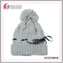 2015 dernières chaudes femmes perle Bow Knit Hat fourrure balle laine cap